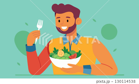 The fresh tangy flavors of the salad came alive on his tongue and the man couldnt help but feel grateful that he could finally enjoy a healthy meal without any guilt.. Vector illustration. 130114538