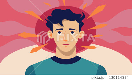 The mans mental health suffers as he obsesses over his appearance influenced by societys narrow definition of attractiveness.. Vector illustration. 130114554
