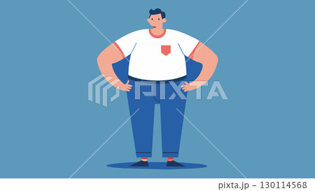 With a newfound confidence a man wears a pair of jeans that used to be too tight for him a sign of progress in his weight loss journey.. Vector illustration. 130114568