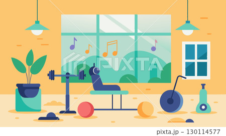 Soft music plays throughout the gym creating a soothing and relaxing environment.. Vector illustration. 130114577