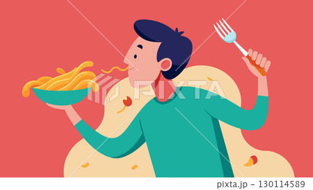 The mans fork twirled in the rich fragrant pasta as he took a bite now able to taste all the layers of flavor without a trace of guilt in his mind.. Vector illustration. 130114589