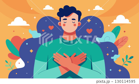 Slowly the man starts to appreciate the beauty in imperfection and embraces his flaws both physically and mentally.. Vector illustration. 130114595