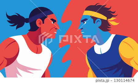 Two tennis players of different body types both with fierce determination and confidence facing off in a heated match.. Vector illustration. 130114674