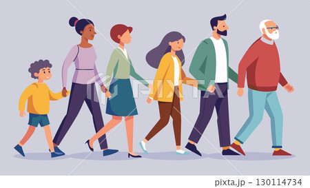 People of all ages walking in unison paying attention to each other and their surroundings as if in perfect harmony.. Vector illustration. 130114734