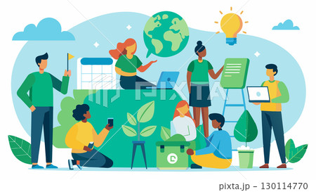 The action group hosts educational workshops on sustainable living practices such as reducing energy consumption and using ecofriendly cleaning products.. Vector illustration. 130114770