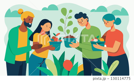 The community gardens seed exchange not only promotes cooperation a gardeners but also encourages sustainable practices. Participants are encouraged to save and share seeds from. Vector illustration. 130114775