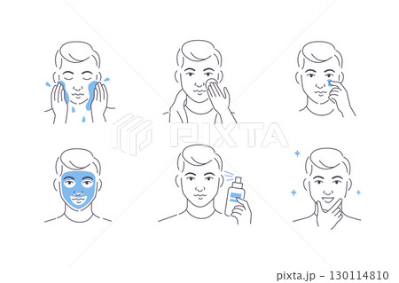 Man Using Cosmetic Products for Facial Skin. Facial Cleaning, Moisturizing and other After Shave Care. Guy Making Skincare Procedures 130114810