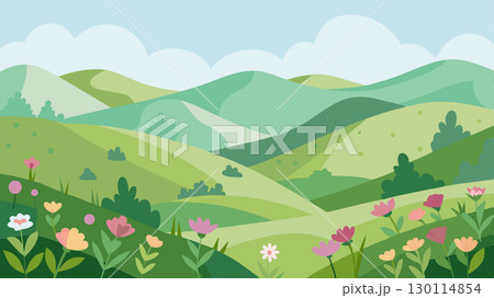 Verdant hills speckled with wildflowers their soft colors blending together like a watercolor painting.. 130114854