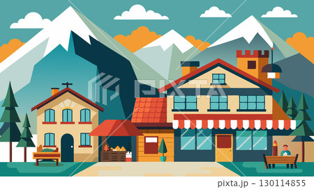 Traditional alpine architecture creates a charming and inviting atmosphere in this mountain village where shops selling handmade crafts and local delicacies line the streets.. 130114855