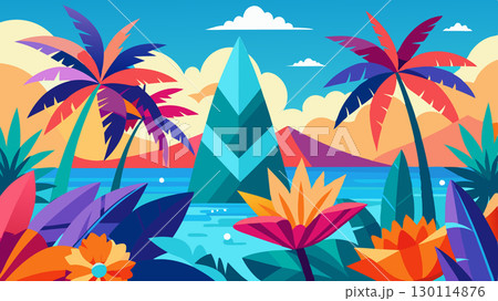 Vibrant bursts of color from tropical flowers set against a backdrop of towering palm trees and a crystalclear lagoon.. 130114876