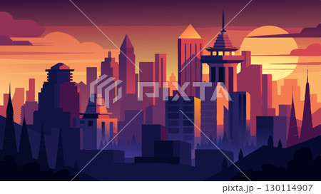 With the citys buildings aglow in the fading light the skyline at dusk is a striking combination of manmade structures and natural beauty.. With the citys buildings aglow in the fading light the skyline at dusk is a striking combination of manmade structures and natural beauty.. 130114907
