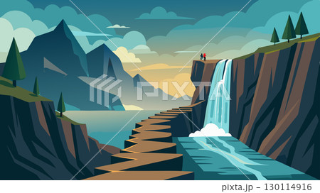 Trek along a rugged path surrounded by rocky cliffs and cascading waterfalls as you make your way to the summit of a majestic mountain.. 130114916
