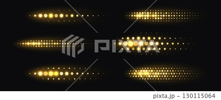 Golden halftone shapes, glowing dynamic elements made from sparkling dots. 130115064