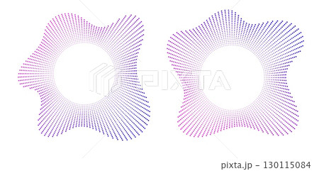Sound equalizer icons with lines and dots, gradient neon circular sound wave frames, abstract radial music icons. 130115084