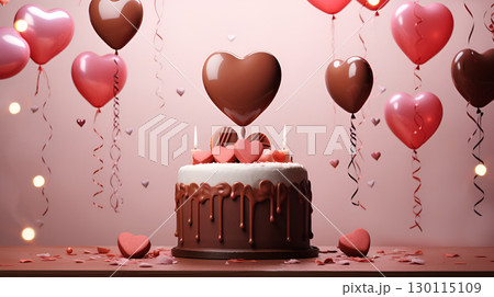 chocolate cake with colorful balloons and hearts 130115109