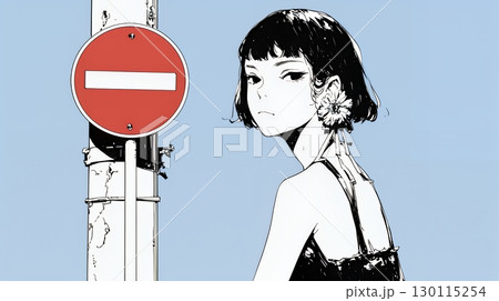 Noという意思表示：進入禁止マークと無表情な女性で表現（シンプルな色使い）