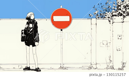 Noという意思表示：進入禁止マークと無表情な女性で表現（シンプルな色使い）