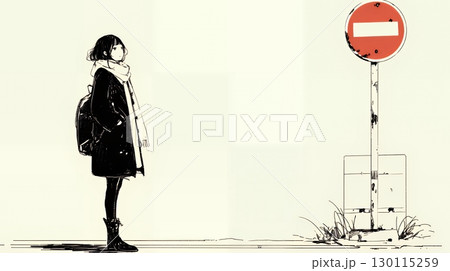 Noという意思表示：進入禁止マークと無表情な女性で表現（シンプルな色使い）