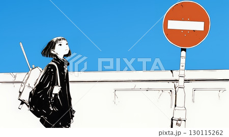 Noという意思表示：進入禁止マークと無表情な女性で表現（シンプルな色使い）