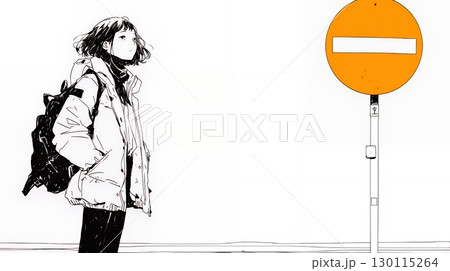 Noという意思表示：進入禁止マークと無表情な女性で表現（シンプルな色使い）
