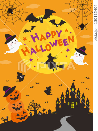 城やお化けが集まっているオレンジ色の空のハロウィンの縦向きのイラスト 城やお化けが集まっているオレンジ色の空のハロウィンの縦向きのイラスト 130115404