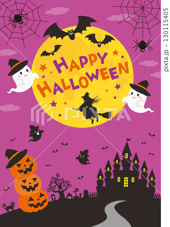 城やお化けが集まっている紫色の空のハロウィンの縦向きのイラスト 130115405