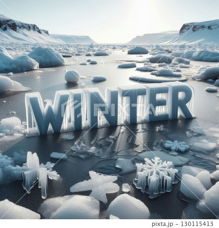Frozen Winter Landscape with Ice Text and Snowflakes with Generative AI. 130115413