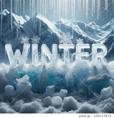 Frozen Winter Landscape with Ice Text and Snowflakes with Generative AI. 130115414