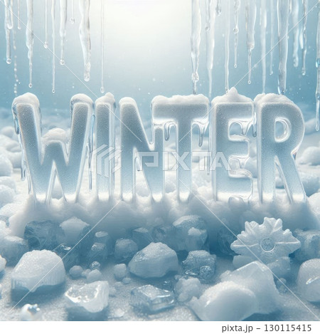 Frozen Winter Landscape with Ice Text and Snowflakes with Generative AI. 130115415