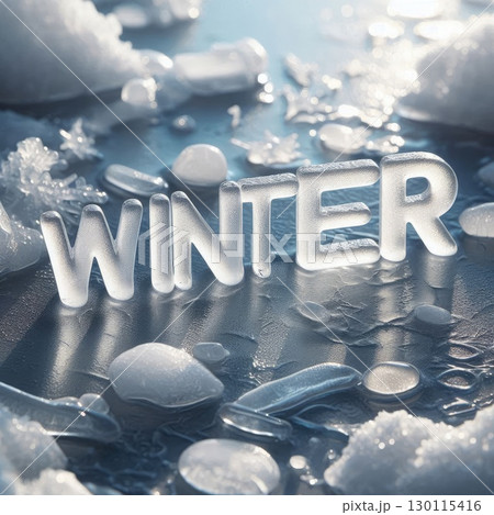 Frozen Winter Landscape with Ice Text and Snowflakes with Generative AI. 130115416