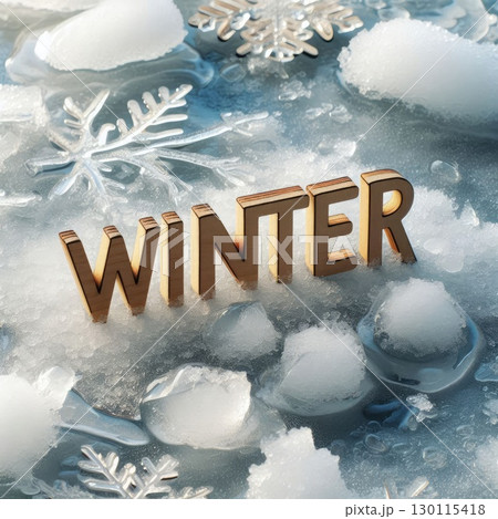Frozen Winter Landscape with Ice Text and Snowflakes with Generative AI. 130115418