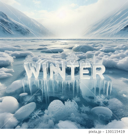 Frozen Winter Landscape with Ice Text and Snowflakes with Generative AI. 130115419