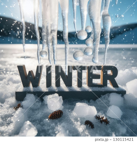 Frozen Winter Landscape with Ice Text and Snowflakes with Generative AI. 130115421
