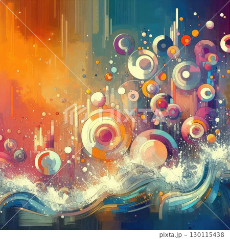 Abstract Cosmic Symphony 70s style in Vibrant Spheres and Dynamic Energy Waves with Generative AI. 130115438