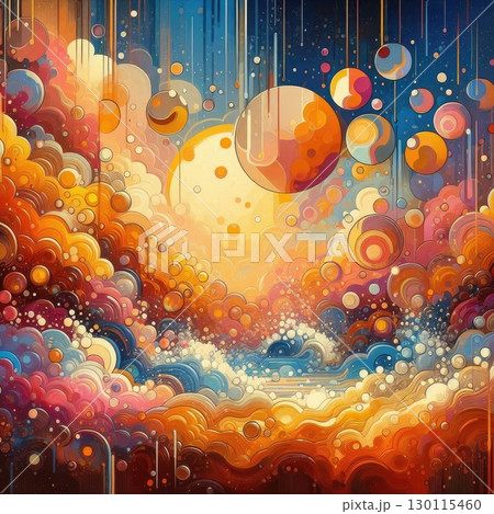 Abstract Cosmic Symphony 70s style in Vibrant Spheres and Dynamic Energy Waves with Generative AI. 130115460