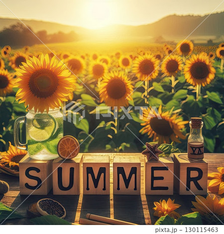 Vibrant SUMMER Typography in Vibrant Sunflower Field with Hibiscus Flowers and Ocean Waves with Generative AI. 130115463