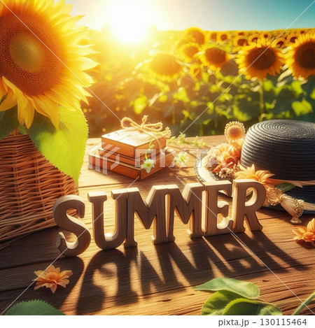 Vibrant SUMMER Typography in Vibrant Sunflower Field with Hibiscus Flowers and Ocean Waves with Generative AI. 130115464