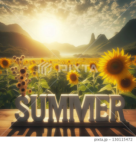 Vibrant SUMMER Typography in Vibrant Sunflower Field with Hibiscus Flowers and Ocean Waves with Generative AI. 130115472