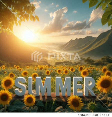 Vibrant SUMMER Typography in Vibrant Sunflower Field with Hibiscus Flowers and Ocean Waves with Generative AI. 130115473