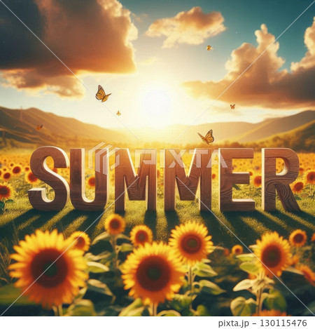 Vibrant SUMMER Typography in Vibrant Sunflower Field with Hibiscus Flowers and Ocean Waves with Generative AI. Vibrant SUMMER Typography in Vibrant Sunflower Field with Hibiscus Flowers and Ocean Waves with Generative AI. 130115476