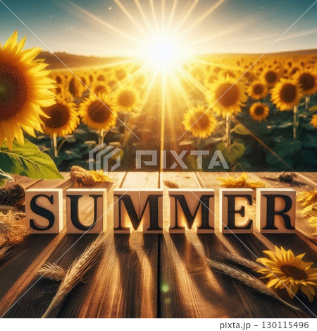 Vibrant SUMMER Typography in Vibrant Sunflower Field with Hibiscus Flowers and Ocean Waves with Generative AI. Vibrant SUMMER Typography in Vibrant Sunflower Field with Hibiscus Flowers and Ocean Waves with Generative AI. 130115496