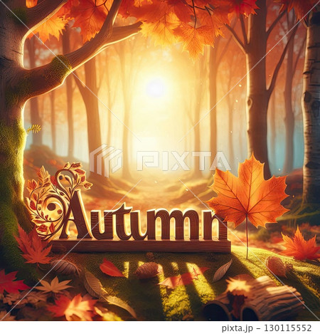 Vibrant AUTUMN Typography with Seasonal Decorations on Wooden Background with Generative AI. 130115552