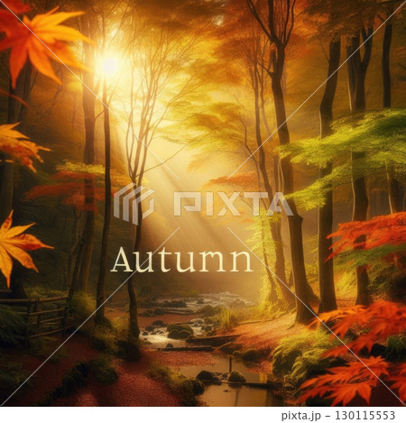 Vibrant AUTUMN Typography with Seasonal Decorations on Wooden Background with Generative AI. 130115553
