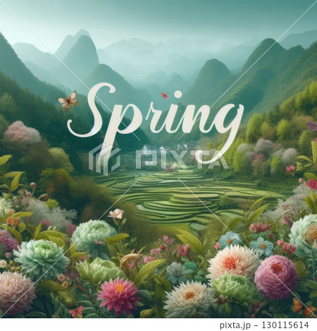 Vibrant Spring Typography in Floral Nature-Inspired 3D Lettering with Generative AI. 130115614