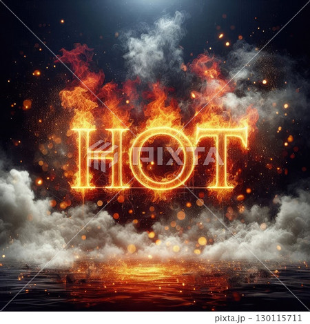 Blazing Typography: Fiery 'HOT' Text Erupting in fire flames with Generative AI. Blazing Typography: Fiery 'HOT' Text Erupting in fire flames with Generative AI. 130115711