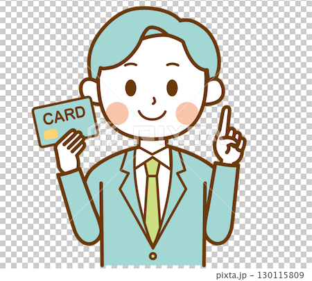 Illustration of a man in a suit holding a card and explaining 130115809