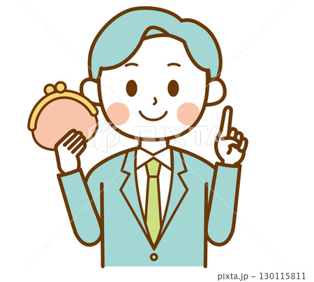 財布を持って説明するスーツを着た男性のイラスト 財布を持って説明するスーツを着た男性のイラスト 130115811