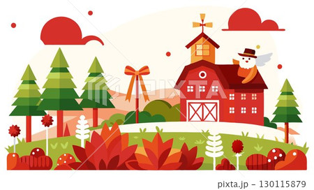 The simple elegance of a farm field is enhanced by the addition of traditional red New Year decorations adorning scarecrows and trees, creating a charming and unique scene that blends rural tranquili 130115879