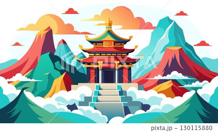 A majestic mountain temple, partially obscured by a swirling mist, is dramatically highlighted by the bold colors of Lunar New Year banners hanging from its gates, creating a visually striking and me 130115880