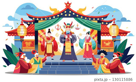 The rich cultural heritage of China is brought to life through a mesmerizing performance of traditional Chinese opera on a brightly lit outdoor stage, enchanting the audience with its dramatic storyt 130115886